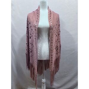 Hipster Row Dusty Rose Pink Faux Suede Laser Cut Fringe Triangular Shawl Wrap